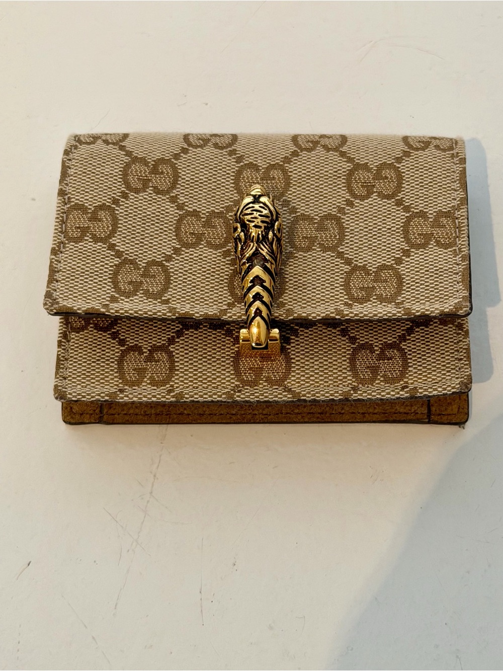 Gucci Beige GG Supreme Dionysus Canvas Wallet with Gold-Tone Tiger Head
